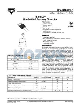 HFA04TB60PBF datasheet - Ultrafast Soft Recovery Diode, 4 A