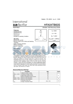 HFA04TB60S datasheet - Ultrafast, Soft Recovery Diode