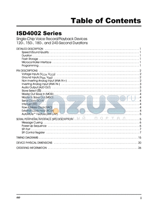 ISD4002-180XD datasheet - Single-Chip Voice Record/Playback Devices 120-, 150-, 180-, and 240-Second Durations