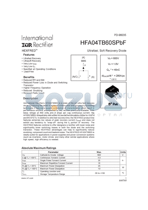 HFA04TB60SPBF datasheet - ULTRAFAST, SOFT RECOVERY DIODE