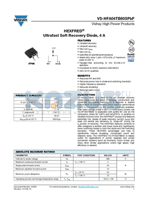 HFA04TB60STRLPBF datasheet - HEXFRED Ultrafast Soft Recovery Diode, 4 A