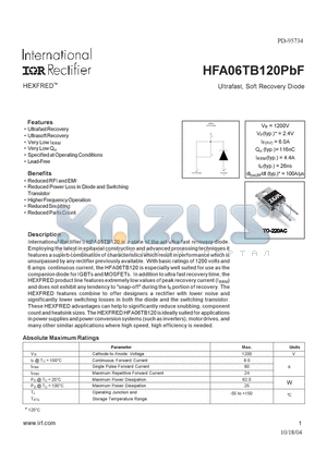 HFA06TB120PBF datasheet - Ultrafast, Soft Recovery Diode