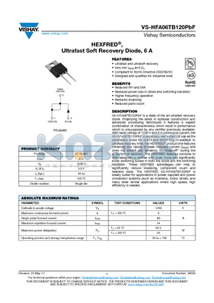 HFA06TB120PBF datasheet - HEXFRED, Ultrafast Soft Recovery Diode, 6 A