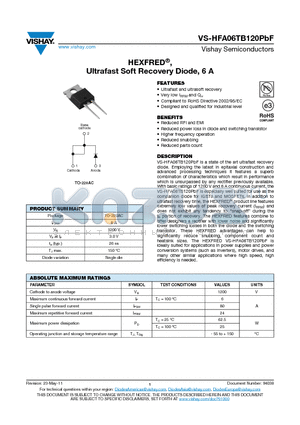 HFA06TB120PBF_11 datasheet - HEXFRED, Ultrafast Soft Recovery Diode, 6 A