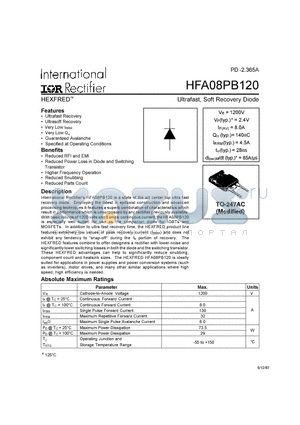 HFA08PB120S datasheet - Ultrafast, Soft Recovery Diode