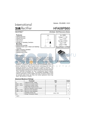 HFA08PB60 datasheet - Ultrafast, Soft Recovery Diode