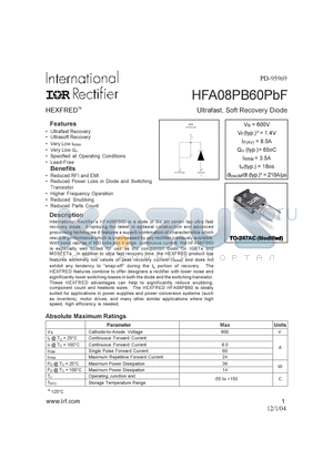 HFA08PB60PBF datasheet - Ultra, Soft Recovery Diode