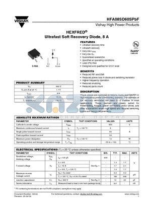 HFA08SD60SPBF datasheet - Ultrafast Soft Recovery Diode, 8 A