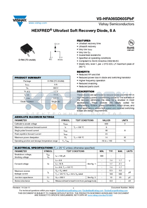 HFA08SD60SPBF_13 datasheet - HEXFRED^ Ultrafast Soft Recovery Diode, 8 A