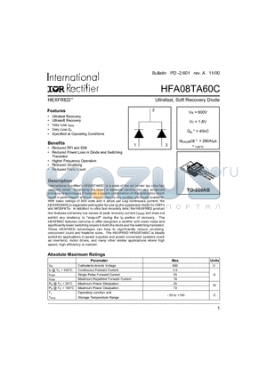 HFA08TA60C datasheet - Ultrafast, Soft Recovery Diode