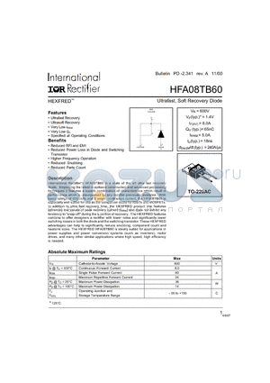 HFA08TB60 datasheet - Ultrafast, Soft Recovery Diode