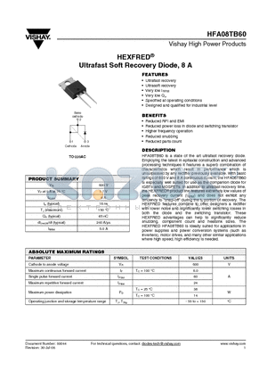 HFA08TB60 datasheet - Ultrafast Soft Recovery Diode, 8 A