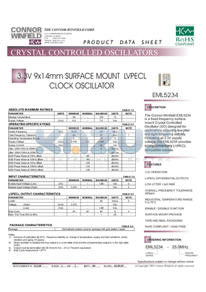 EML5234-25.0M datasheet - 3.3V 9x14mm SURFACE MOUNT LVPECL CLOCK OSCILLATOR