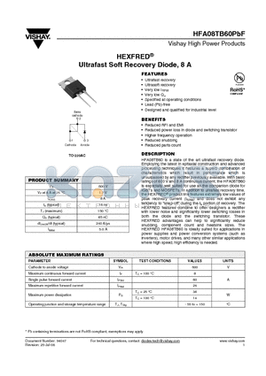 HFA08TB60PBF datasheet - Ultrafast Soft Recovery Diode, 8 A