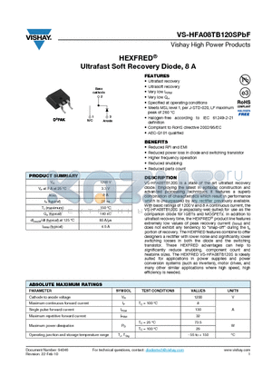 HFA08TB120SPBF datasheet - HEXFRED Ultrafast Soft Recovery Diode, 8 A