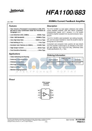 HFA1100883 datasheet - 850MHz Current Feedback Amplifier