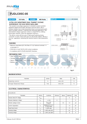 PJDLC05C-05 datasheet - ULTRA LOW CAPACITANCE DUAL TRANSIET VOLTAGE SUPPRESSOR