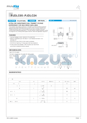 PJDLC12 datasheet - ULTRA LOW CAPACITANCE DUAL TRANSIET VOLTAGE SUPPRESSOR FOR HIGH SPEED DATA LINES