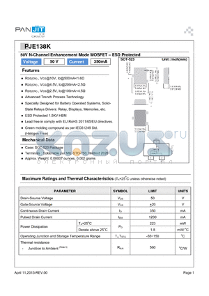 PJE138K datasheet - 50V N-Channel Enhancement Mode MOSFET . ESD Protected