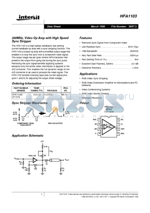HFA1103IB datasheet - 200MHz, Video Op Amp with High Speed Sync Stripper