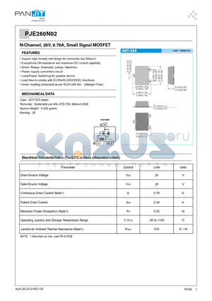 PJE260N02_R2_00001 datasheet - N-Channel, 20V, 0.78A, Small Signal MOSFET