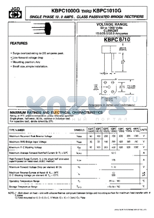 KBPC1000G datasheet - SINGLE PHASE 10.0 AMPS. GLASS PASSIVATED BRIDGE RECTIFIERS