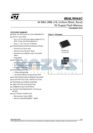 M58LW064C datasheet - 64 Mbit (4Mb x16, Uniform Block, Burst) 3V Supply Flash Memory