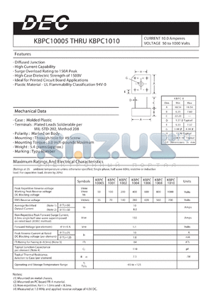 KBPC1001 datasheet - CURRENT 10.0 Amperes VOLTAGE 50 to 1000 Volts