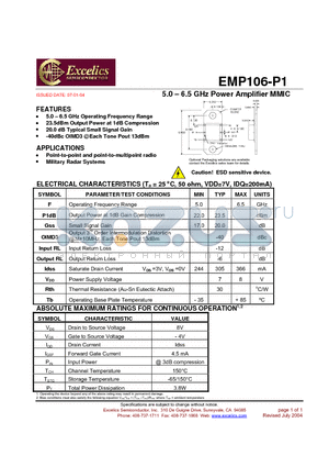 EMP106-P1 datasheet - 5.0 - 6.5 GHz Power Amplifier MMIC