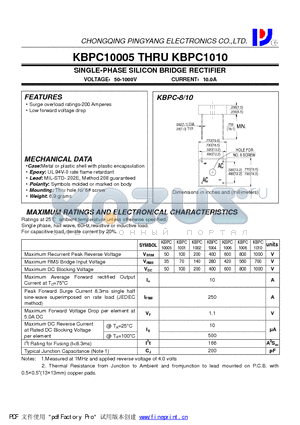 KBPC1001 datasheet - SINGLE-PHASE SILICON BRIDGE RECTIFIER