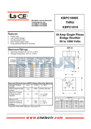 KBPC1001 datasheet - 10 Amp single phase bridge rectifier 50to1000volts