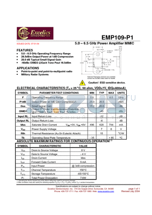 EMP109-P1 datasheet - 5.0 - 6.5 GHz Power Amplifier MMIC