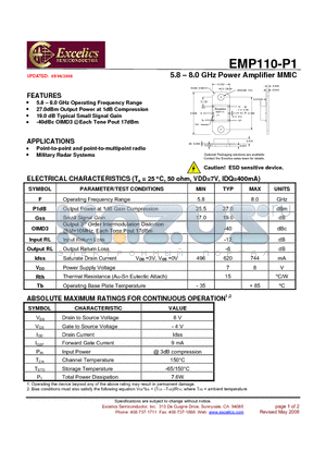 EMP110-P1 datasheet - 5.8 - 8.0 GHz Power Amplifier MMIC