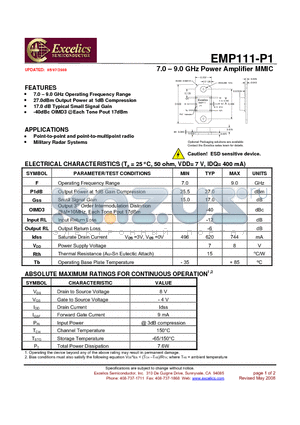 EMP111-P1 datasheet - 7.0 - 9.0 GHz Power Amplifier MMIC