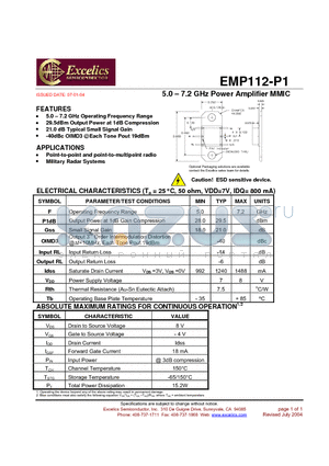 EMP112-P1 datasheet - 5.0 - 7.2 GHz Power Amplifier MMIC