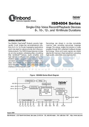 ISD4004-08MEI datasheet - Single-Chip Voice Record/Playback Devices 8-, 10-, 12-, and 16-Minute Durations