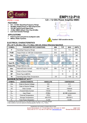 EMP112-P10 datasheet - 5.0 - 7.2 GHz Power Amplifier MMIC