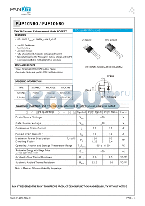 PJF10N60 datasheet - 600V N-Channel Enhancement Mode MOSFET