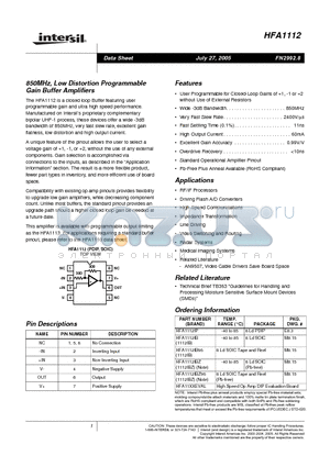 HFA1112 datasheet - 850MHz, Low Distortion Programmable Gain Buffer Amplifiers