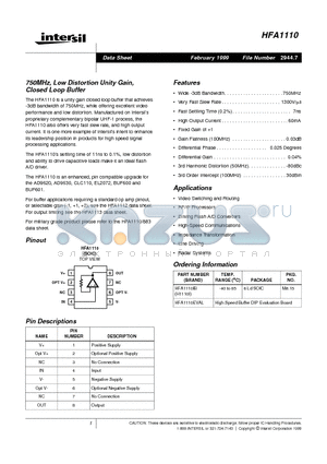 HFA1110EVAL datasheet - 750MHz, Low Distortion Unity Gain, Closed Loop Buffer