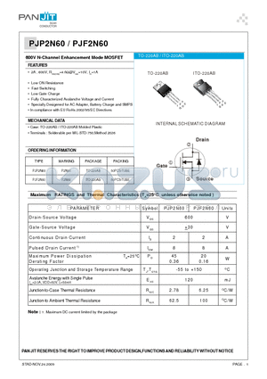 PJF2N60 datasheet - 600V N-Channel Enhancement Mode MOSFET