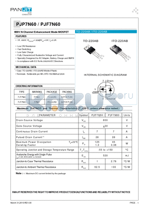 PJF7N60 datasheet - 600V N-Channel Enhancement Mode MOSFET