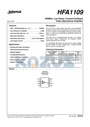 HFA1109 datasheet - 450MHz, Low Power, Current Feedback Video Operational Amplifier