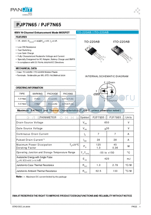 PJF7N65 datasheet - 650V N-Channel Enhancement Mode MOSFET
