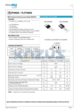 PJF4N60 datasheet - 600V N-Channel Enhancement Mode MOSFET