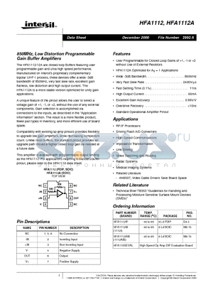 HFA1112 datasheet - 850MHz, Low Distortion Programmable Gain Buffer Amplifiers