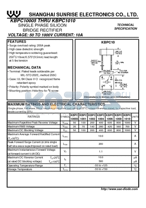 KBPC1002 datasheet - SINGLE PHASE SILICON BRIDGE RECTIFIER