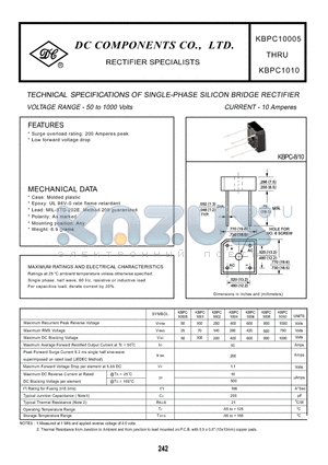 KBPC1002 datasheet - TECHNICAL SPECIFICATIONS OF SINGLE-PHASE SILICON BRIDGE RECTIFIER