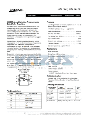 HFA1112A datasheet - 850MHz, Low Distortion Programmable Gain Buffer Amplifiers