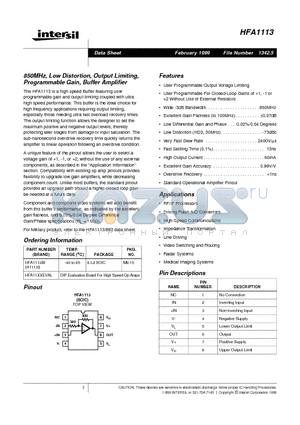 HFA1113 datasheet - 850MHz, Low Distortion, Output Limiting, Programmable Gain, Buffer Amplifier
